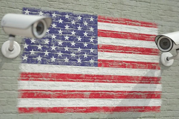 監視カメラと米国の旗と壁。現代のセキュリティ関連の3Dレンダリング — ストック写真