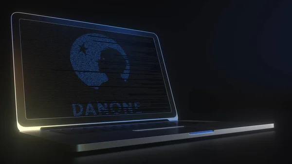 Οθόνη υπολογιστή με το λογότυπο της DANONE γίνεται με πηγαίο κώδικα. Έκδοση εννοιολογική 3d απόδοση — Φωτογραφία Αρχείου
