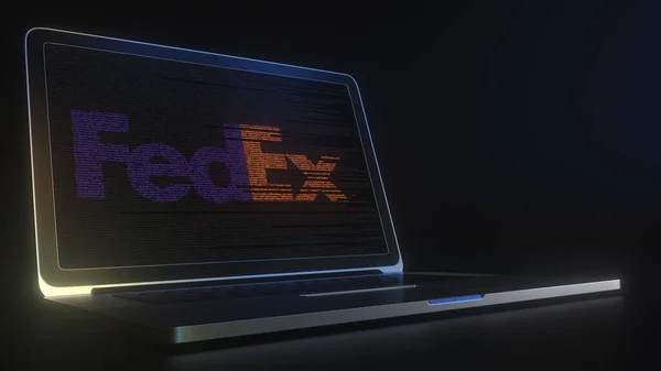 코드 문자열로 만든 FEDEX 로고가 달린 포터블 컴퓨터, 편집 개념 3d 렌더링 — 스톡 사진