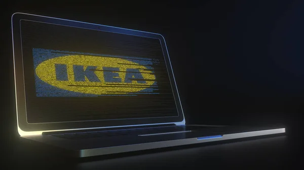 Computador portátil com o logotipo da IKEA feito com cordas de código, editorial conceitual 3d renderização — Fotografia de Stock