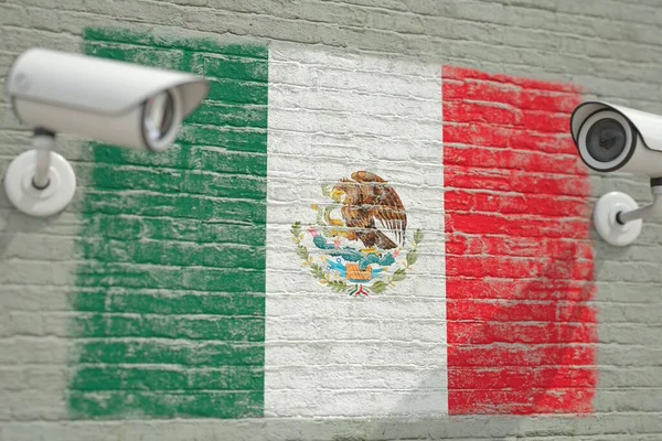 Cámaras de CCTV y pared con bandera de México. Visualización 3D relacionada con la vigilancia — Foto de Stock