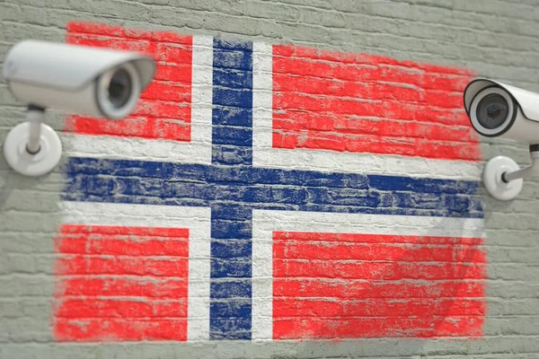 Vägg med Norges flagga och övervakningskameror. Integritets- eller övervakningssystemsrelaterad konceptuell 3D-rendering — Stockfoto