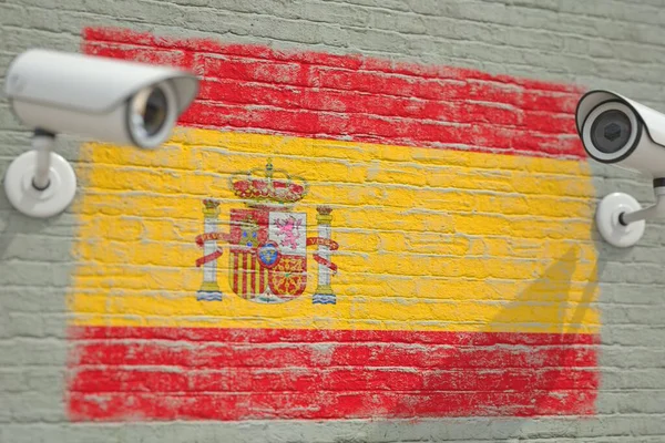 Камери спостереження та стіни з прапором Іспанії. Сучасна безпека 3D рендеринга — стокове фото