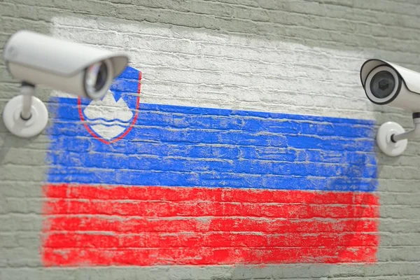 Parede com bandeira nacional da Eslovénia e câmeras de CCTV. Privacidade ou sistema de vigilância relacionados renderização 3D conceitual — Fotografia de Stock