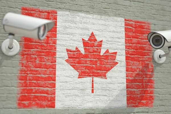 カナダとCCTVカメラの国旗の壁。プライバシーまたは監視システム関連の概念3Dレンダリング — ストック写真
