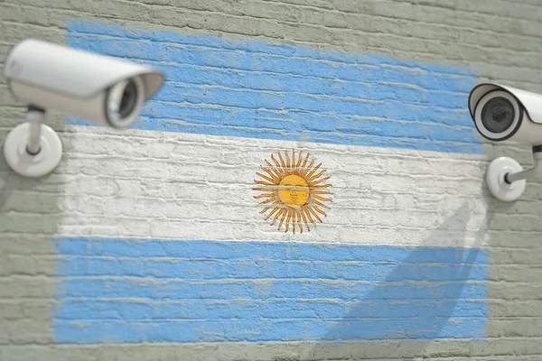 Κάμερες κλειστού κυκλώματος και τοίχος με σημαία Αργεντινής. 3D απόδοση σχετιζόμενη με επιτήρηση — Φωτογραφία Αρχείου