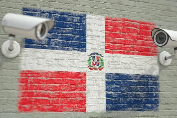 Zeď s národní vlajkou Dominikánské republiky a kamerami CCTV. Konceptuální 3D vykreslování související se systémem soukromí nebo sledování — Stock fotografie