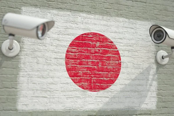日本の国旗が付いたCCTVカメラと壁。監視関連3Dレンダリング — ストック写真