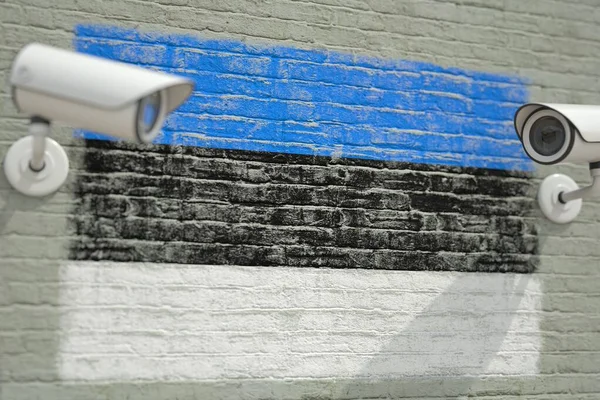 エストニアとCCTVカメラの国旗の壁。プライバシーまたは監視システム関連の概念3Dレンダリング — ストック写真