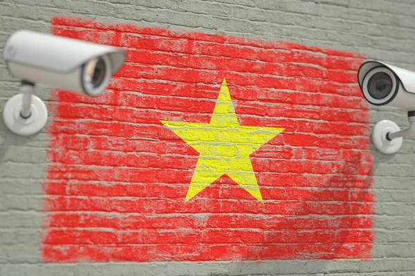 監視カメラとベトナムの旗と壁.現代のセキュリティ関連の3Dレンダリング — ストック写真