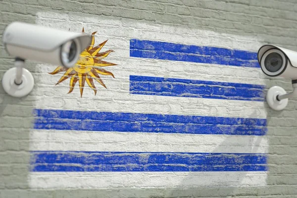 CCTV-Kameras und Wand mit Flagge Uruguays. Überwachungsbezogenes 3D-Rendering — Stockfoto