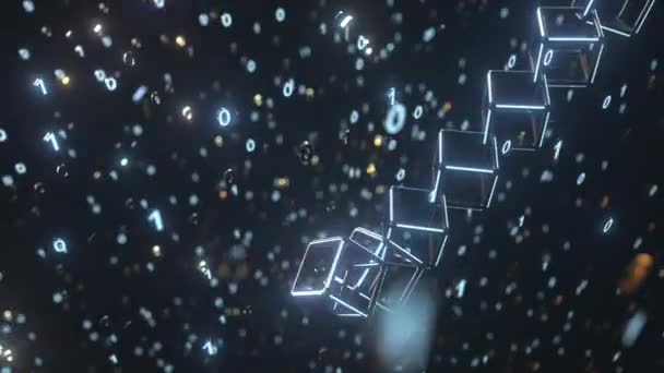 DATA 텍스트와 이진수로 된 세제곱 체인. 블록체인 컨셉 , 3D 애니메이션 — 비디오
