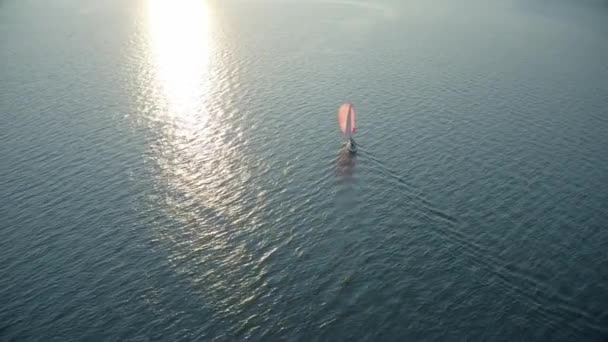Zdjęcie lotnicze nieznanego jachtu żaglowego z różowym żaglem poruszającym się po morzu — Wideo stockowe
