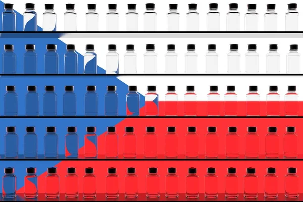 Flacons de vaccins médicaux et drapeau de la République tchèque, rendu 3D conceptuel lié à la vaccination — Photo