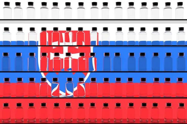 Скло на полицях і прапорі Словаччини. Вакцинація пов'язана концептуальний 3D-рендеринг — стокове фото