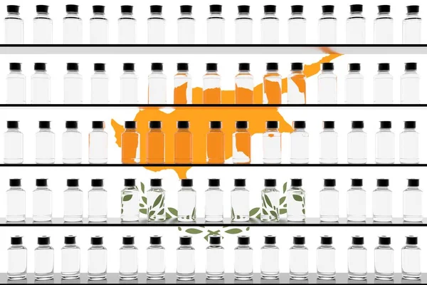 Flacons de vaccin en verre sur les étagères et le drapeau de Chypre. rendu 3D conceptuel lié à la vaccination — Photo