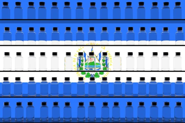 Σημαία του Ελ Σαλβαδόρ και πολλαπλά φιαλίδια εμβολίου. Έννοια εμβολιασμού. 3D απόδοση — Φωτογραφία Αρχείου