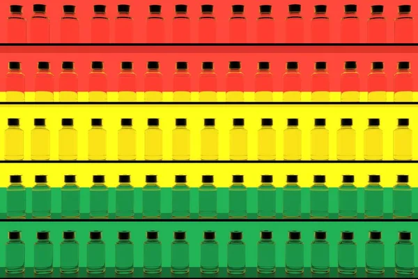 Bandeira da Bolívia e múltiplos frascos de vacina. Conceito de vacinação. Renderização 3D — Fotografia de Stock