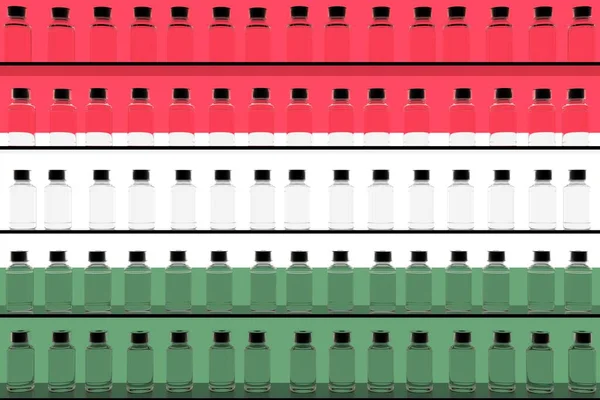 Flagge Ungarns und mehrere Impfflaschen. Impfkonzept. 3D-Rendering — Stockfoto