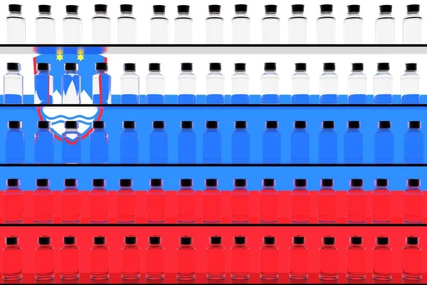 Glasflaschen mit Impfstoffen in den Regalen und die slowenische Flagge. Impfbezogene konzeptionelle 3D-Darstellung — Stockfoto