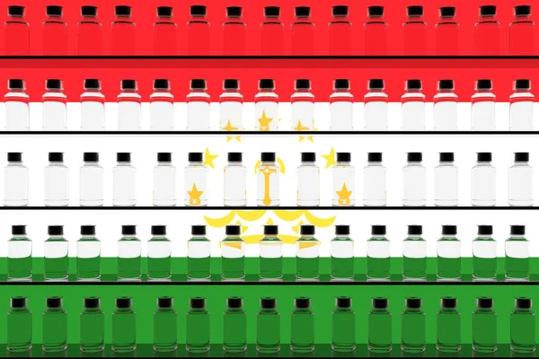 Viales de vacuna de vidrio en los estantes y la bandera de Tayikistán. Renderizado 3D conceptual relacionado con la vacunación — Foto de Stock