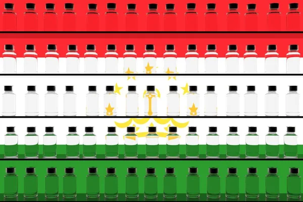 Flacons de vaccin en verre sur les étagères et le drapeau du Tadjikistan. rendu 3D conceptuel lié à la vaccination — Photo