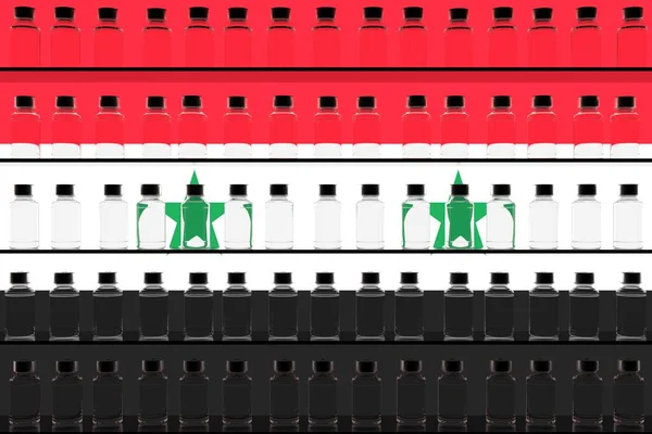 Bandeira da Síria e múltiplos frascos de vacina. Conceito de vacinação. Renderização 3D — Fotografia de Stock