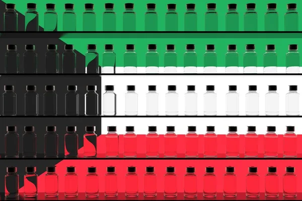 Üvegvakcina injekciós üvegek a Kuwait polcain és zászlóján. A vakcinázással kapcsolatos koncepcionális 3D-s renderelés — Stock Fotó