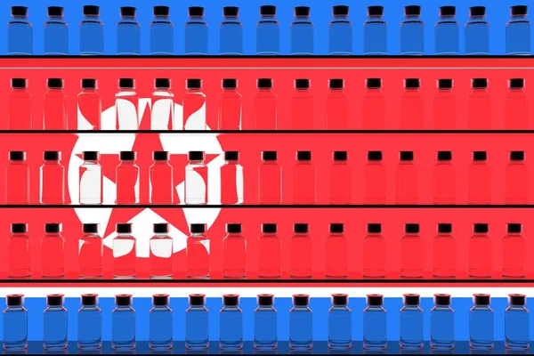 Viales de vacuna de vidrio en los estantes y la bandera de Corea del Norte. Renderizado 3D conceptual relacionado con la vacunación —  Fotos de Stock