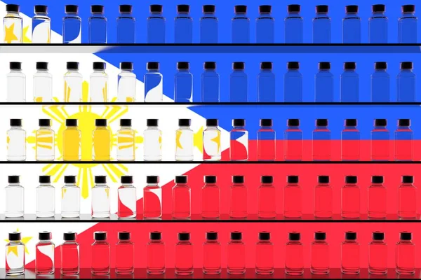 Bendera Filipina dan beberapa botol vaksin. Konsep vaksinasi. Perender 3D — Stok Foto