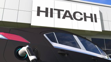Charging electric car plug and HITACHI logo. Editorial conceptual 3d 3d rendering clipart