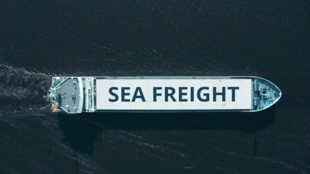 Vista aérea de arriba hacia abajo de un buque de carga con texto SEA FREIGHT — Vídeo de stock