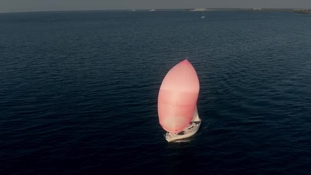 KRONSTADT, Rusya - 10 Temmuz 2021. Pembe yelkenli bir yelkenlinin havadan görünüşü — Stok video