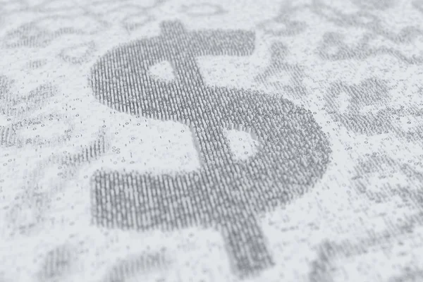 Symbol dolarových peněz sestávající z čísel. Digitální měna nebo šifrování fintech související konceptuální 3D vykreslování — Stock fotografie