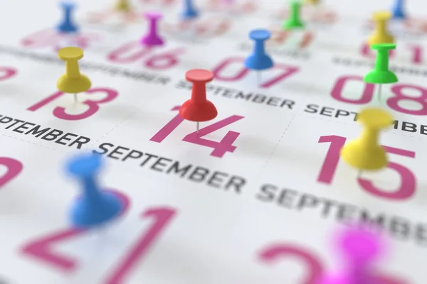 September 14 date and push pin on a calendar, 3D rendering — Stock Photo, Image