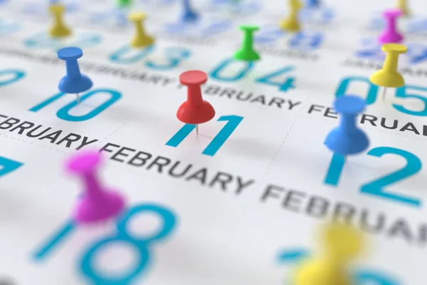 February 11 date and push pin on a calendar, 3D rendering Stock Picture