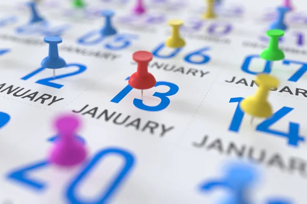13 de enero fecha y empuje pin en un calendario, 3D renderizado — Foto de Stock