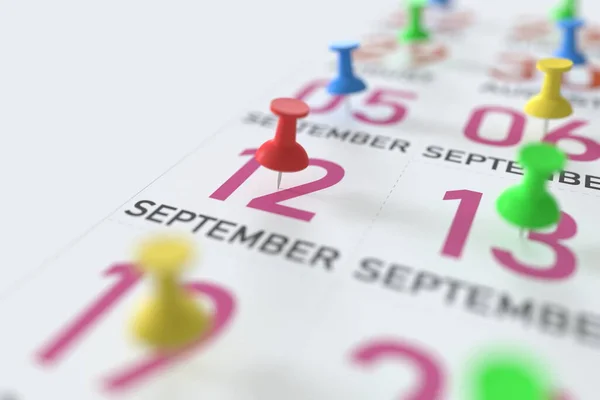 September 12 date and push pin on a calendar, 3D rendering — Stock Photo, Image