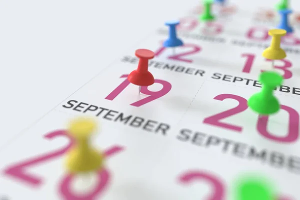 September 19 date and push pin on a calendar, 3D rendering — Stock Photo, Image