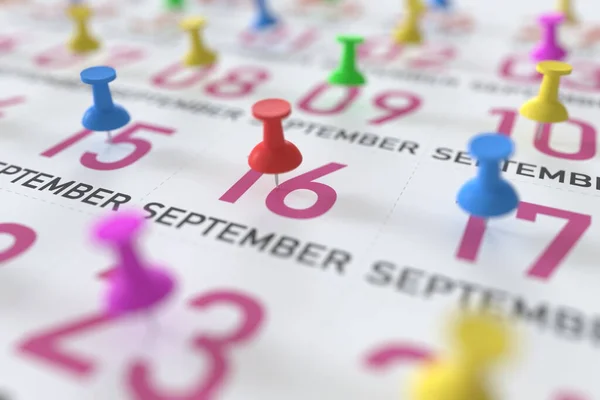 September 16 date and push pin on a calendar, 3D rendering — Stock Photo, Image