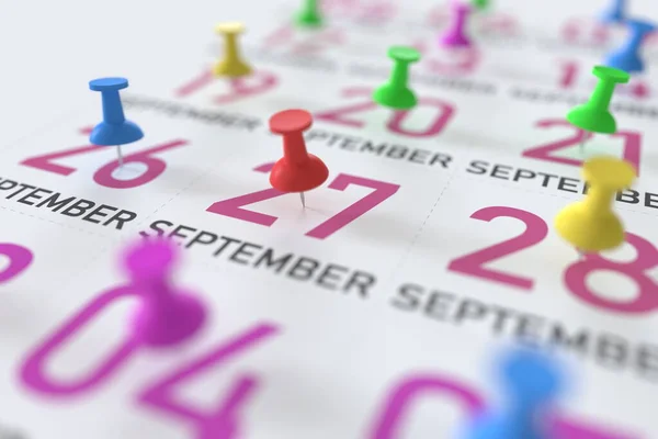 September 27 date and push pin on a calendar, 3D rendering — Stock Photo, Image