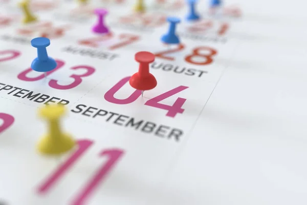 September 4 date and push pin on a calendar, 3D rendering — Stock Photo, Image