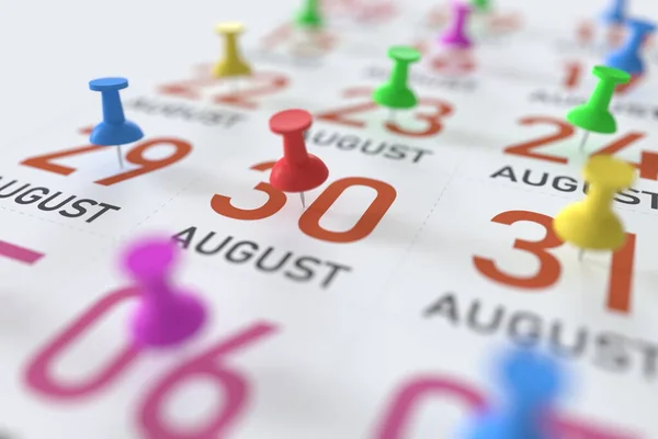 August 30 date and push pin on a calendar, 3D rendering — Stock Photo, Image