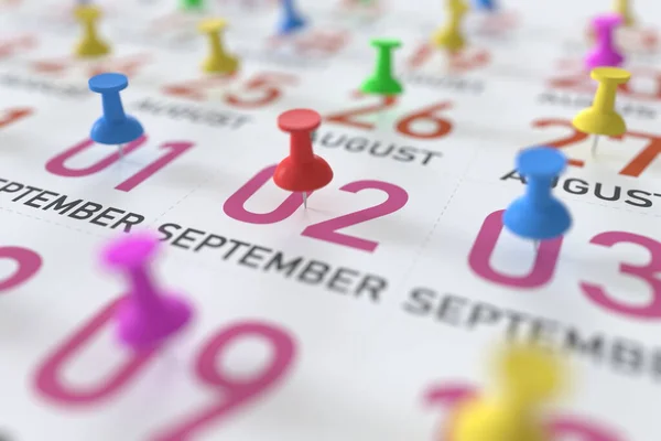 September 2 date and push pin on a calendar, 3D rendering — Stock Photo, Image