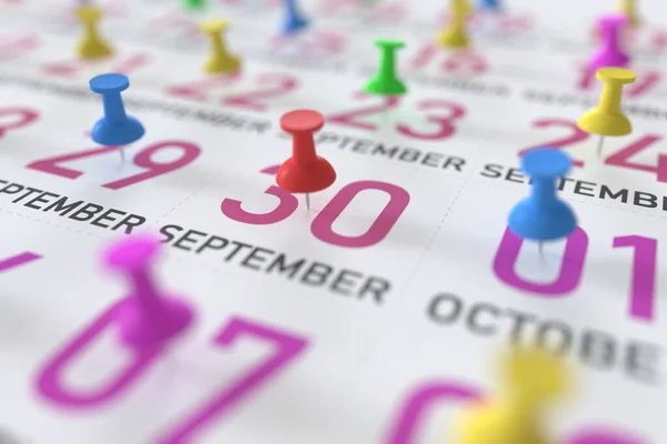 September 30 date and push pin on a calendar, 3D rendering — Stock Photo, Image