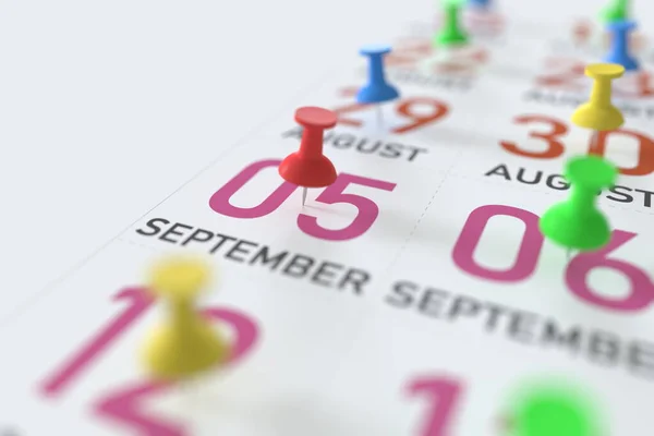 September 5 date and push pin on a calendar, 3D rendering — Stock Photo, Image