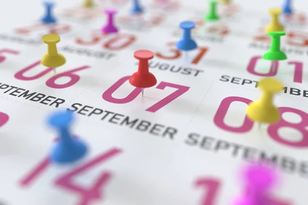 September 7 date and push pin on a calendar, 3D rendering — Stock Photo, Image