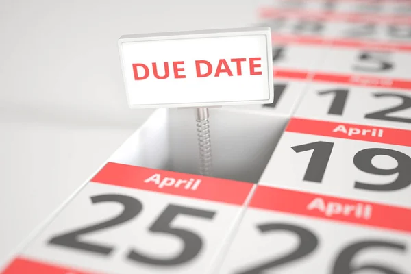 DUE DATE sign on April 18 in a calendar, 3d rendering — Stock Photo, Image