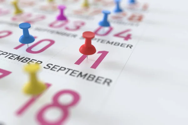 September 11 date marked with red pushpin on a calendar, 3D rendering — Stock Photo, Image