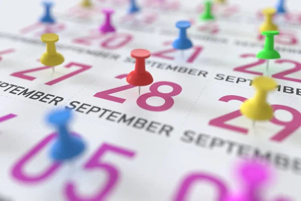 September 28 date and push pin on a calendar, 3D rendering — Stock Photo, Image